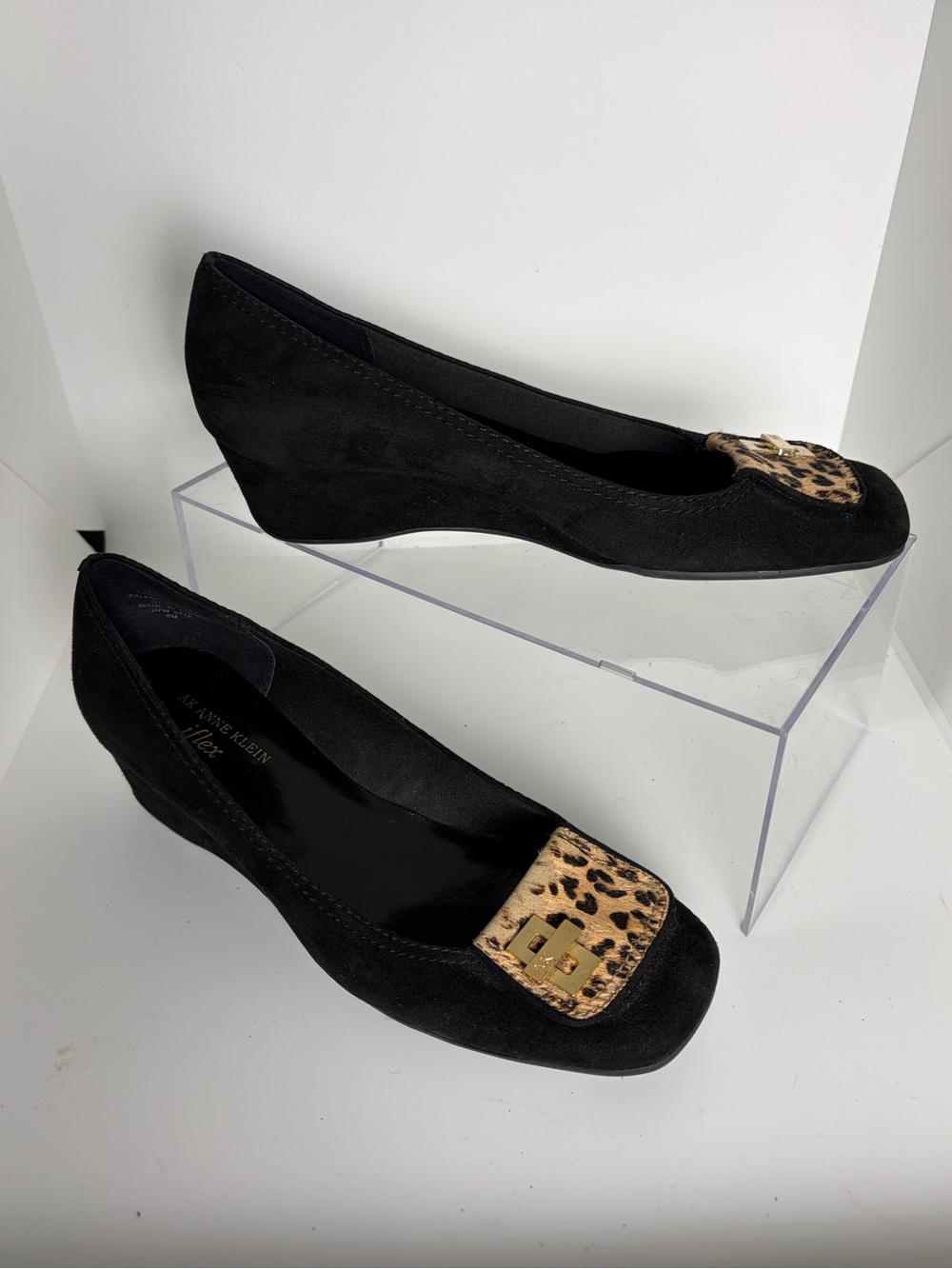 Anne Klein EnrikSuede Comfort Wedges w/ Leopard Print Accent in Black;Size 8M